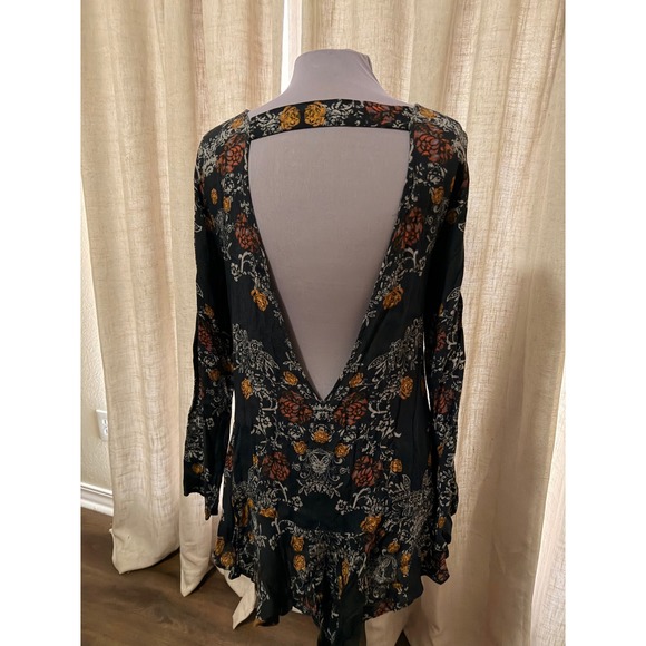 Free People Floral Print Long Sleeve Open Back Tunic Size L Black Orange - Picture 4 of 6